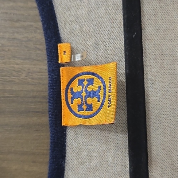 TORY BURCH-Odessa Pullover Sweater Stripe Long Sleeve Tan Navy Blue-Size Medium - Picture 4 of 17